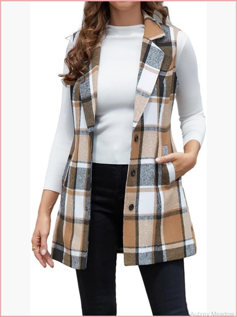 Wool Plaid Long Sleeveless Blazer Vest Jacket Cardigan Outerwear